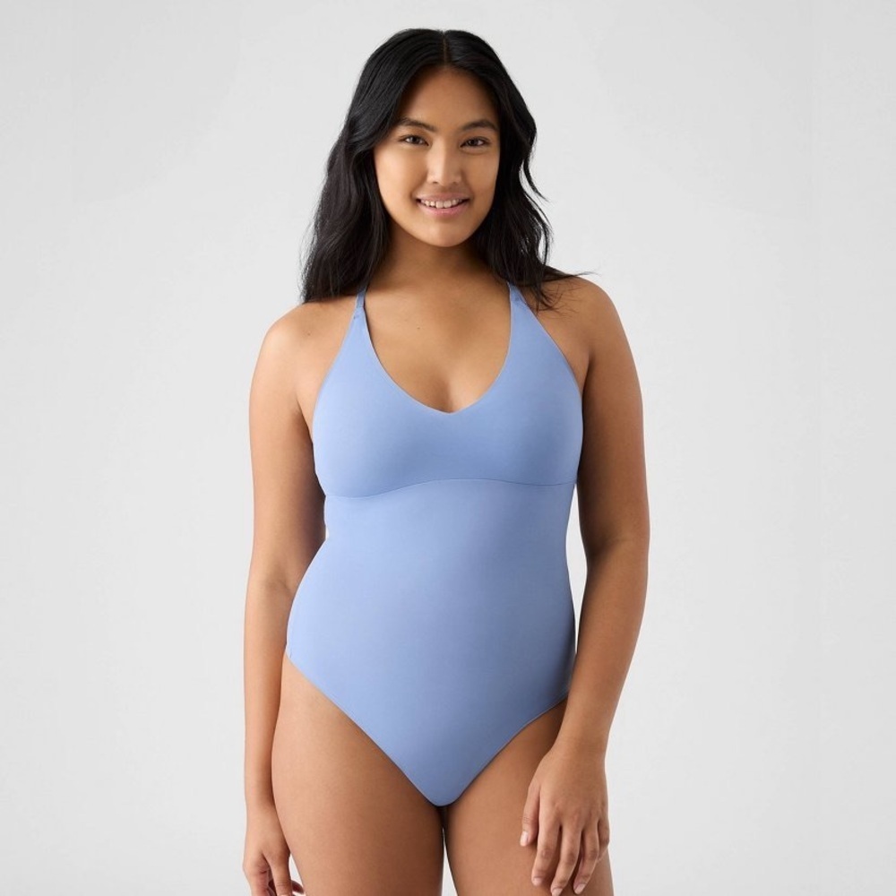 True & Co. Women's V Neck Bra Lace Racerback Bodysuit - Slate Gray new 🆕